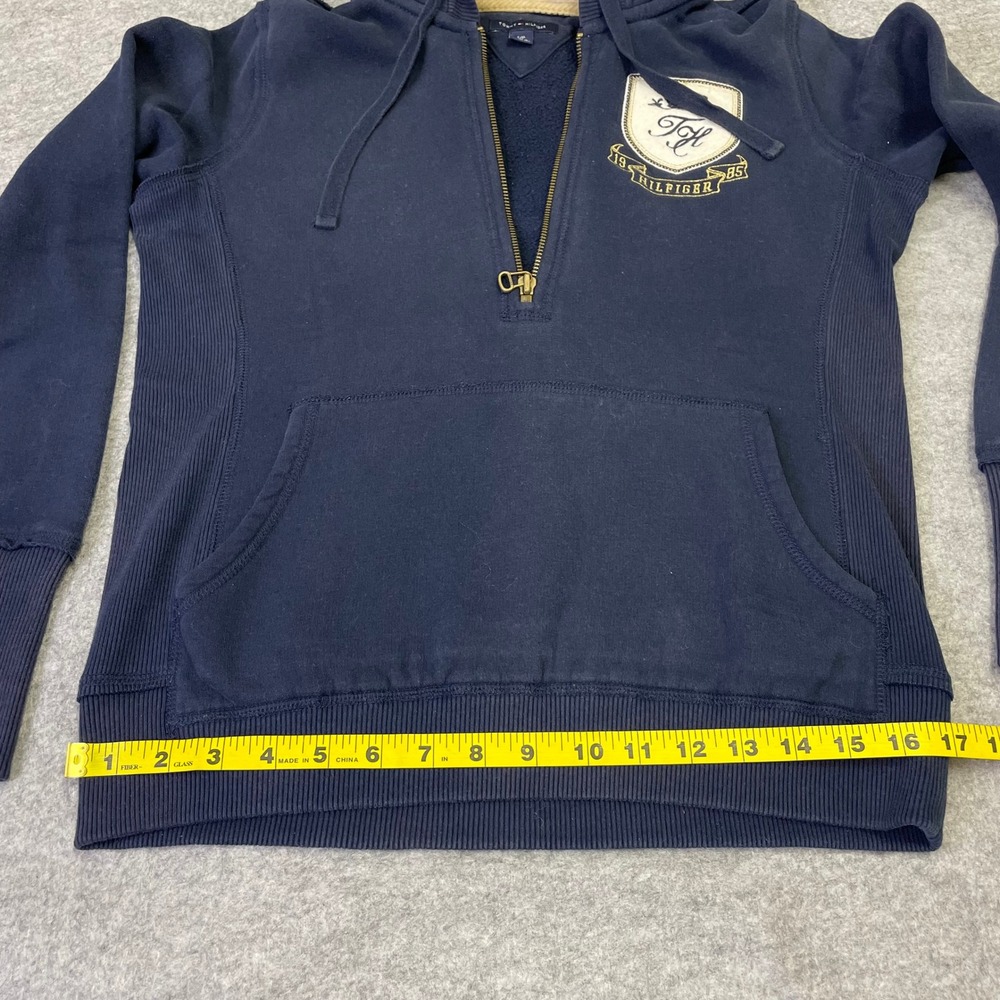 Y2K Tommy Hilfiger Navy Faux Fur Lined Quarter Zip Hoodie Crest Logo Small - Picture 15 of 16